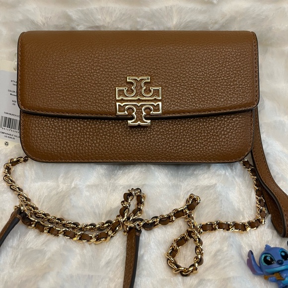 NWT Tory Burch Britten Chain Wallet with Wristlet Leather Crossbody in Moose🤎